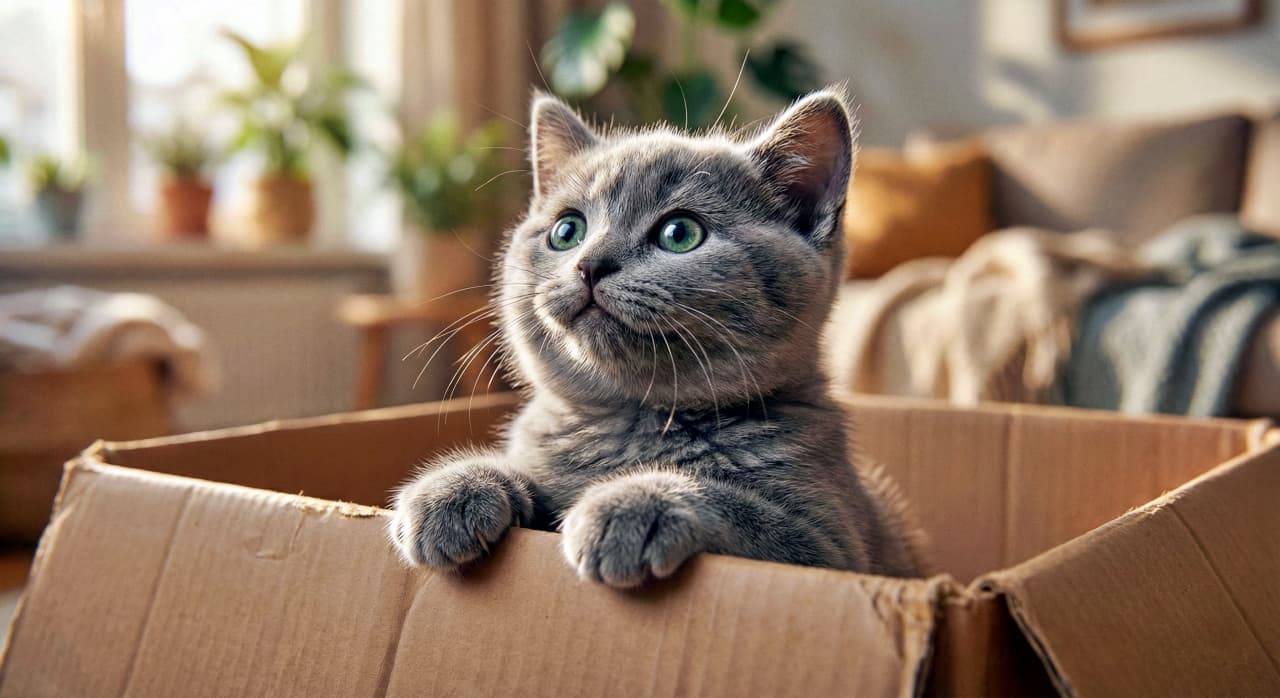 「箱からひょっこり！お目々キラキラ、お外の世界に興味津々なロシアンブルーの子猫ちゃん」A grey Russian Blue kitten with green eyes peeks out of a cardboard box, looking upwards with a curious expression in a sunlit living room. 明るい日差しが差し込むリビングルームで、緑色の目をしたグレーのロシアンブルーの子猫が、段ボール箱から顔を出し、好奇心に満ちた表情で見上げている