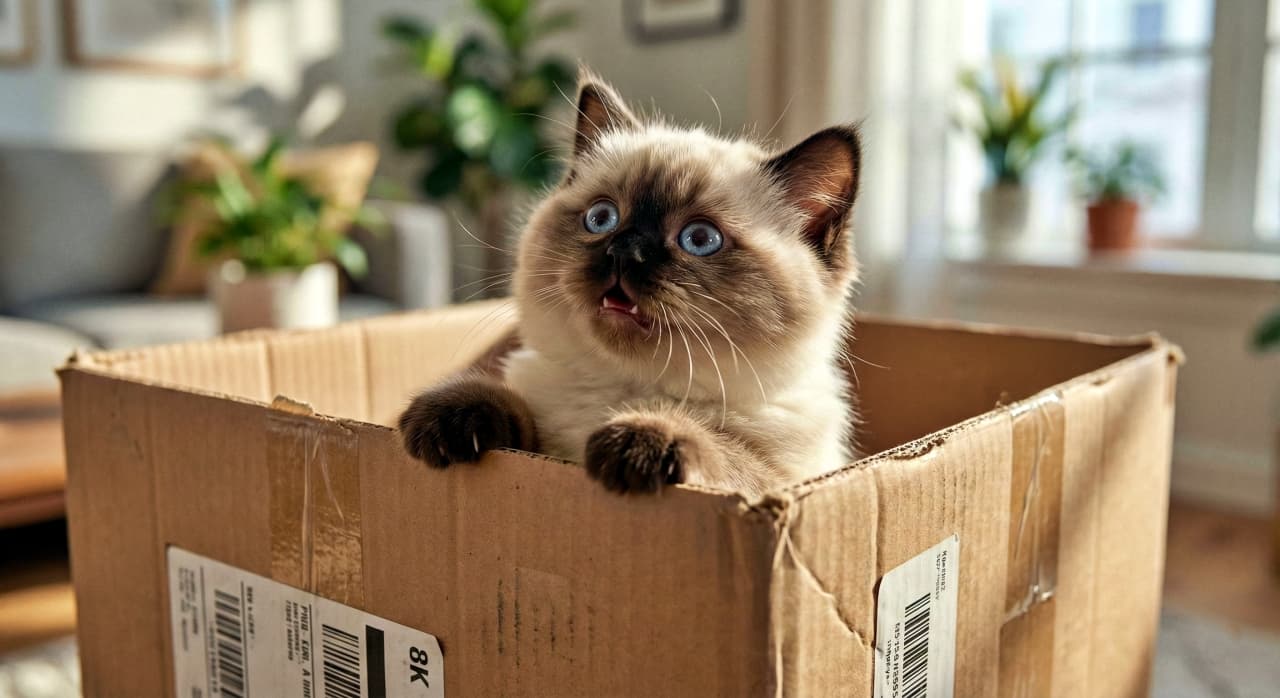 「朝のリビングで箱からひょっこり。口を開けて驚いたような顔がたまらない！」A Seal Point Ragdoll kitten with its mouth open looks up from a cardboard box in a sunlit living room with furniture bokeh. 明るい日差しが差し込むリビングルームで、口を開けたシールポイント・ラグドールの子猫が段ボール箱から見上げている