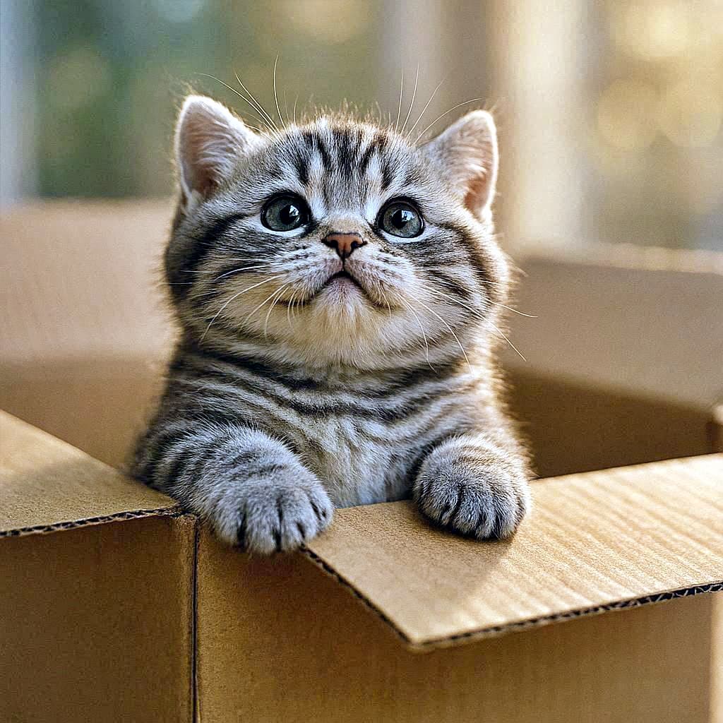 A fluffy Silver Tabby American Shorthair kitten with wide, sparkling eyes looks upwards to the left from inside a cardboard box, paws resting on the rim, bathed in soft light. 柔らかな光の中、シルバータビーのアメリカンショートヘアの子猫が段ボール箱の縁に前足をかけ、目を大きく見開いて左上をじっと見上げている