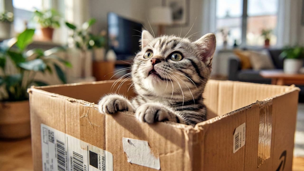 「「あっちに何かあるの？」お日様ポカポカ、冒険心くすぐる箱入りニャンコ」A chubby silver tabby American Shorthair kitten peeks out of a cardboard box, looking up to the left with curious eyes in a sunlit living room with bokeh plants. 明るい日差しのリビングで、シルバータビーのアメリカンショートヘアの子猫が段ボール箱から顔を出し、好奇心に満ちた目で左上を見上げている