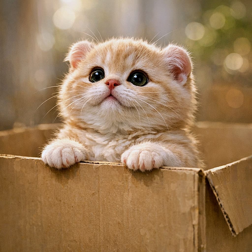 Close-up of a smiling, chubby Cream Kinkalow kitten peeking out of a box, looking up to the right with large sparkling eyes. The background features cinematic bokeh lighting, enhancing its adorable, doll-like appearance. キラキラと輝く大きな瞳で右斜め上を見上げる、ぽっちゃりしたキンカロー子猫のクローズアップ。口元が微笑んでいるように見え、背景の玉ボケと共に、ぬいぐるみのような愛らしさを強調している