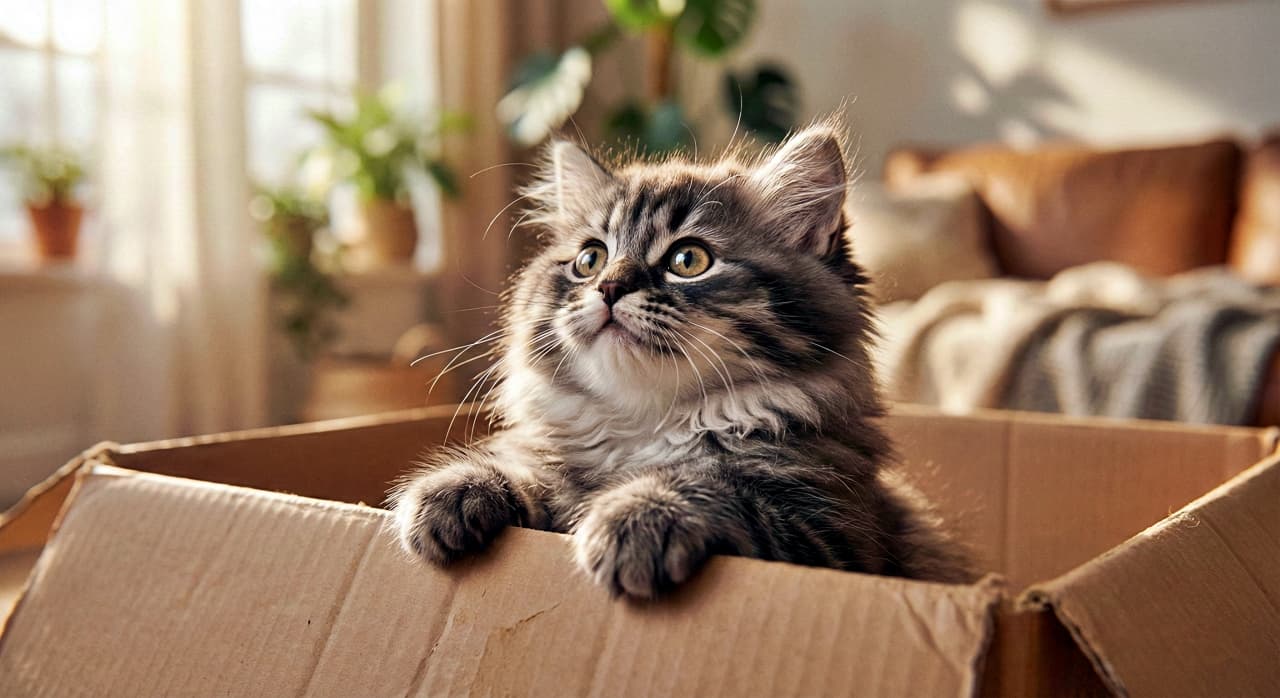 「「あっちに何か面白そうなものがあるニャ！」お日様ポカポカ、冒険の予感？スモーク柄がクール！」A fluffy Smoke Siberian kitten with yellow-green eyes paws at the edge of a cardboard box, looking upwards to the left in a sunlit living room with a sofa. 明るい日差しが差し込むリビングルームで、黄緑色の目をしたスモーク柄のサイベリアン子猫が段ボール箱の縁に前足をかけ、左上を見上げている。背景にはソファが見える