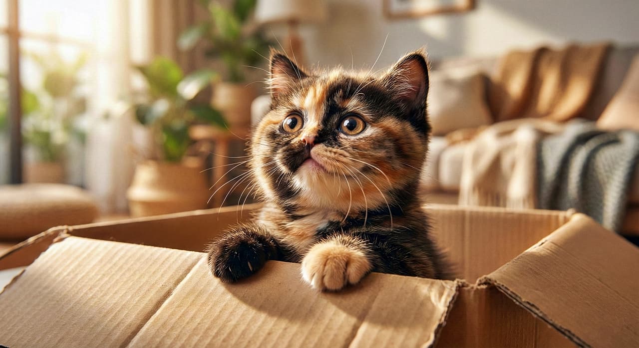 「個性的なサビ柄がキュート！ジャパニーズボブテイルの子猫ちゃん、箱からひょっこり冒険タイム」A chubby Tortoiseshell Japanese Bobtail kitten with wide amber eyes paws at the edge of a cardboard box, looking upwards to the left in a sunlit living room. 柔らかな日差しの中で、サビ柄（トーティシェル）のジャパニーズボブテイルの子猫が段ボール箱から顔を出し、好奇心に満ちた瞳で左上を見上げている