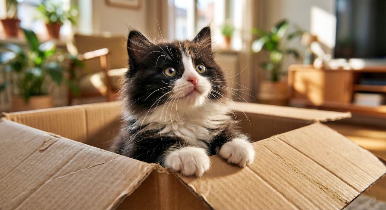 「「あっちに何か面白そうなものがあるニャ！」お日様ポカポカ、冒険の予感？」A fluffy tuxedo Norwegian Forest kitten with wide, curious eyes peeks out of a worn cardboard box, looking upwards to the right in a sunlit living room. 明るい日差しが差し込むリビングルームで、ふわふわのタキシード柄ノルウェージャンフォレストキャットの子猫が、使い古した段ボール箱の縁に前足をかけ、好奇心に満ちた目で右斜め上を見上げている