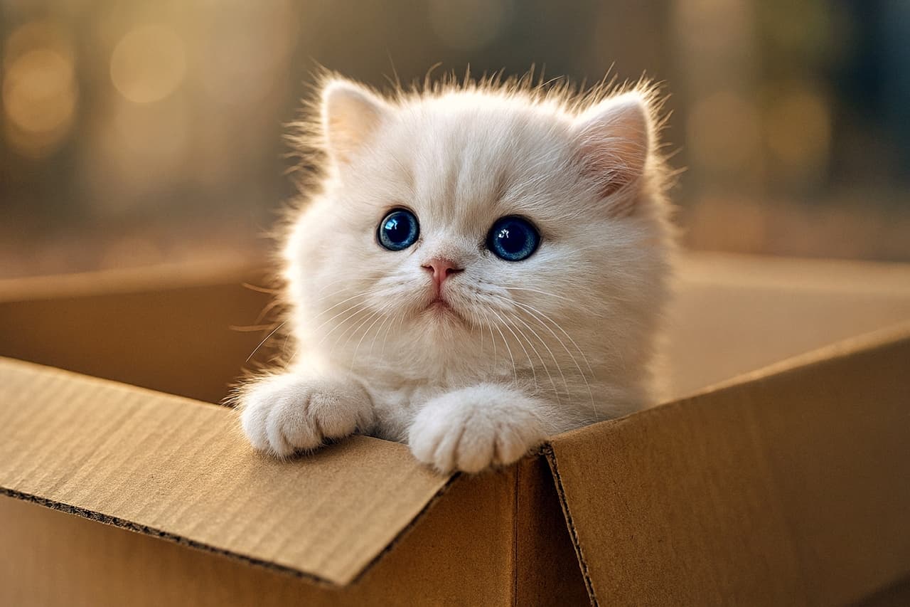 「箱の中が、いまは世界のすべて。勇気は明日でいいよ。」A fluffy white kitten with large blue eyes peeks out of a cardboard box with paws on the edge, against a warm, dark bokeh background. 温かみのある暗いボケの背景の中、白いふわふわの子猫が大きな青い目で段ボール箱から顔を出し、前足を縁にかけている