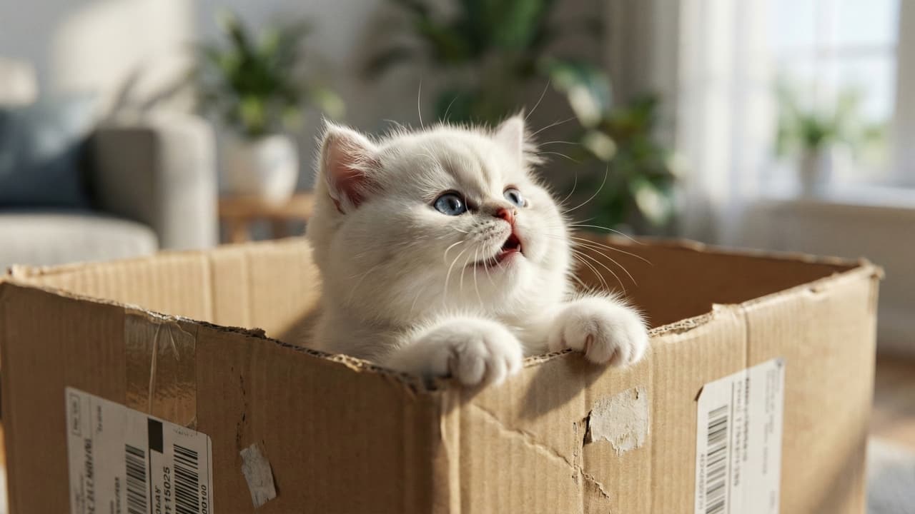 「「お外の世界、気になるにゃ！」好奇心全開の白猫ちゃん」A fluffy white kitten with blue eyes looks up curiously with open mouth, its paws on the edge of a cardboard box in a sunlit living room. 明るい日差しのリビングルームで、白いふわふわの子猫が段ボール箱の縁に前足をかけ、口を開けて好奇心旺盛に見上げている
