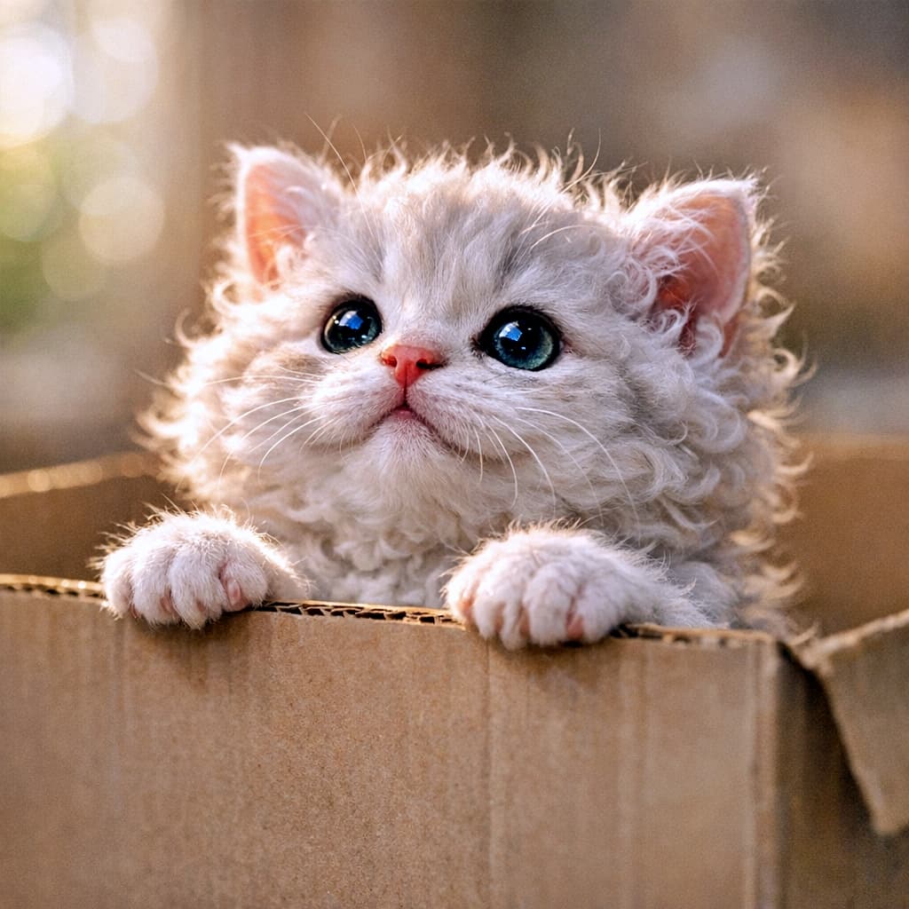 A close-up photograph of a chubby white LaPerm kitten with curly fur and wide eyes, gripping the edge of a cardboard box and looking up with a curious expression against a warm, blurred background. 温かいボケを背景に、白い巻き毛のラパーマの子猫が段ボール箱の縁に前足をかけ、大きな目で好奇心に満ちた表情で上を見上げているクローズアップ写真