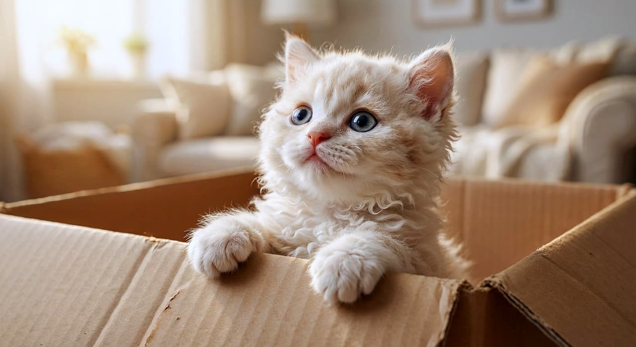 「お日様ぽかぽか、箱から脱出！冒険の始まりだニャ。くるくる巻き毛がキュートでしょ？」A fluffy white LaPerm kitten with curly fur and blue eyes peeks out of a cardboard box, looking upwards in a sunlit living room with a bokeh background. 明るい日差しが差し込むリビングルームで、白い巻き毛のラパーマの子猫が段ボール箱から顔を出し、青い目で好奇心いっぱいに上を見上げている