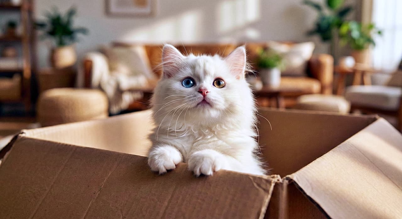 「宝石みたいなオッドアイ！箱から顔を出したふわふわ白猫ちゃん、お外の世界に興味津々ニャ」A chubby white odd-eyed Turkish Angora kitten, with one blue and one amber eye, peeks out of a cardboard box, looking upwards with curiosity in a sunlit living room. 明るい日差しが差し込むリビングルームで、青と琥珀色のオッドアイを持つ、ぽっちゃりした白いターキッシュアンゴラの子猫が段ボール箱から顔を出し、好奇心に満ちた様子で見上げている