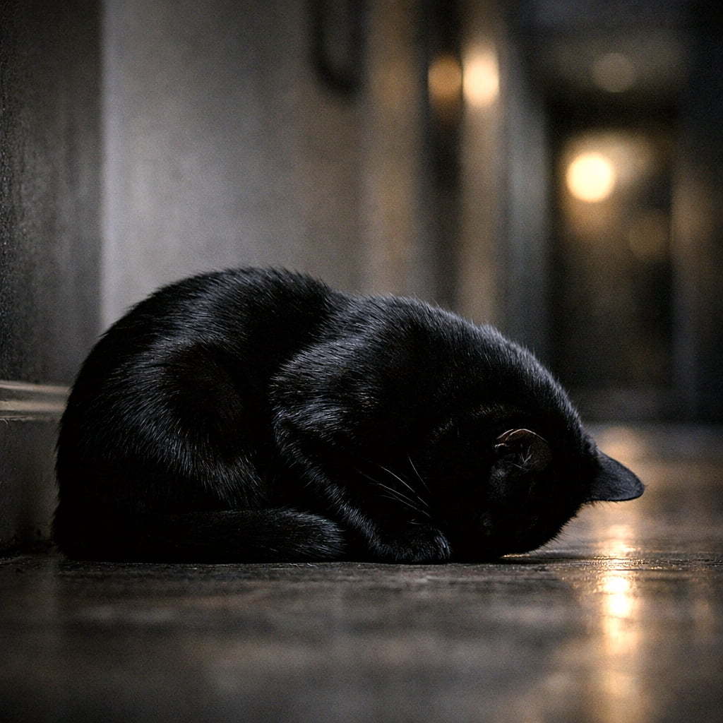 「インダストリアルな廊下で、深い影に紛れて完全反省中。毛並みが少し見えるニャ🐈‍⬛🌑」A photorealistic high-resolution photograph of an adult black Bombay cat in a detailed 'apology sleep' pose with its head hidden. The cat is positioned in a moody, modern industrial hallway with concrete walls and tiled floor, dimly lit with a blurred warm light source in the background. Its sleek fur texture is partially visible, creating a deep shadow effect. The focus is on the cat with ample dark negative space. フォトリアリスティックで高解像度な、頭を隠した「ごめん寝」ポーズの大人の黒いボンベイ猫の写真。猫は、コンクリートの壁とタイルの床がある不機嫌でモダンなインダストリアルな廊下に配置され、背景にあるぼやけた暖かい光源で薄暗く照らされている。なめらかな毛並みの質感が部分的に見え、深い影の効果を作り出している。焦点は、十分な暗い余白を持つ猫に当てられている