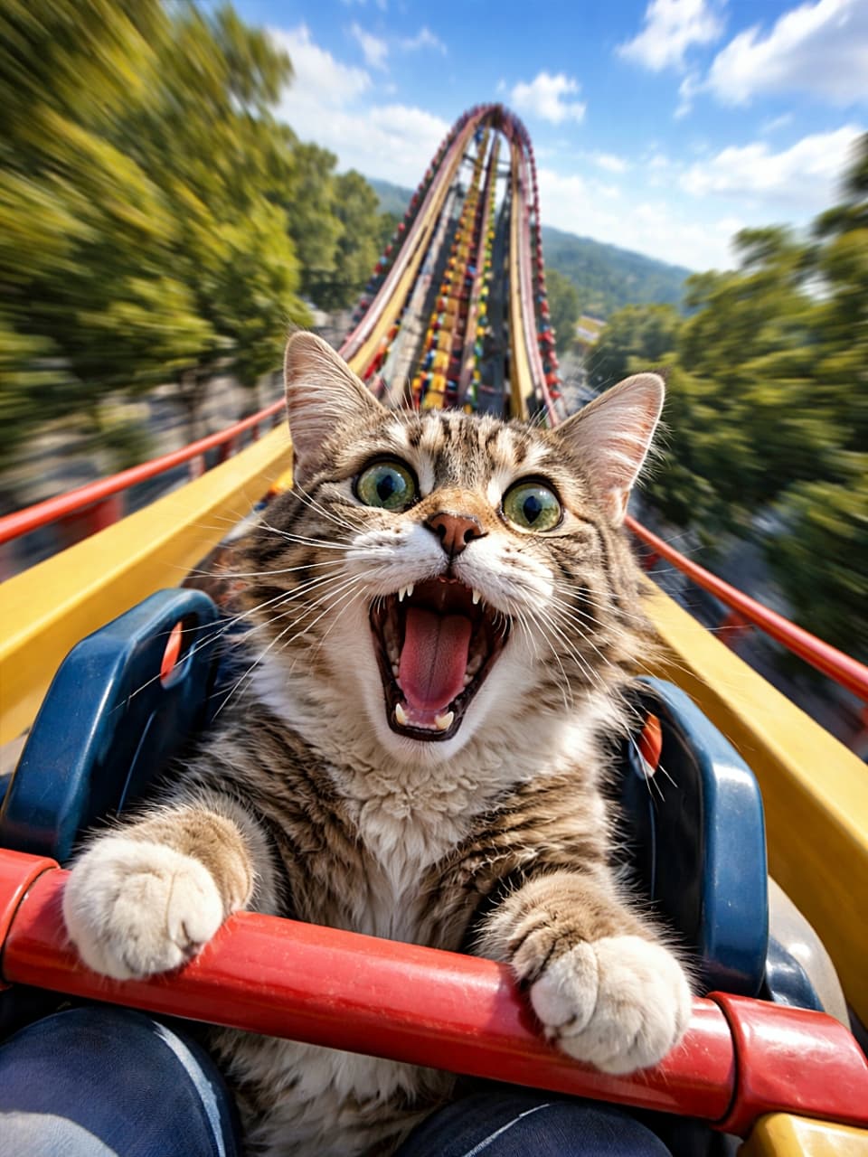 A screaming tabby cat riding in the front seat of a roller coaster, gripping the safety bar with wide eyes as the track drops steeply behind it. ジェットコースターの最前列で、安全バーを握りしめ、目を見開いて絶叫する猫の様子