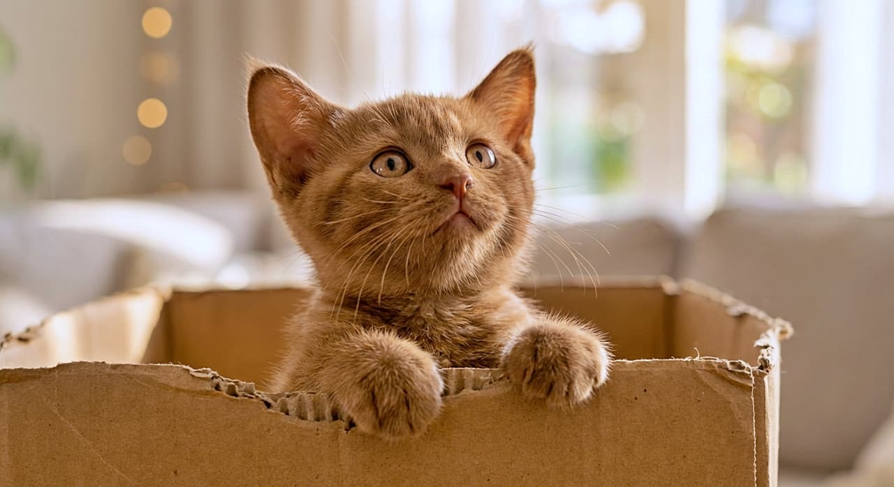 「箱舟に乗っていざ出発！📦✨ 未知の世界に想いを馳せる、冒険家気取りな子猫ちゃん🌍🔭」A chubby Cinnamon Oriental Shorthair kitten inside a cardboard box, leaning its paws on the edge and looking up and to the right with a curious, dreamy expression. Soft daylight illuminates its brown fur. ダンボール箱の中から身を乗り出し、斜め右上を興味深そうに見つめる、ぽっちゃりしたシナモンカラーのオリエンタルショートヘア風の子猫。柔らかな光の中で、夢見るような表情を浮かべている