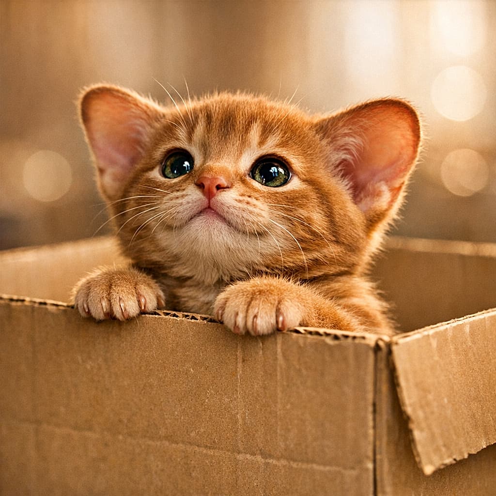 Close-up of an adorable chubby kitten with large ears and sparkling wide eyes peeking out of a cardboard box. The kitten looks directly upward with an innocent, pleading expression, asking for attention. ダンボール箱の縁にちょこんと手をかけ、潤んだ大きな瞳でじっと見上げてくる、ぽっちゃりしたシナモンカラーの子猫。大きな耳と無垢な表情が愛らしいクローズアップ