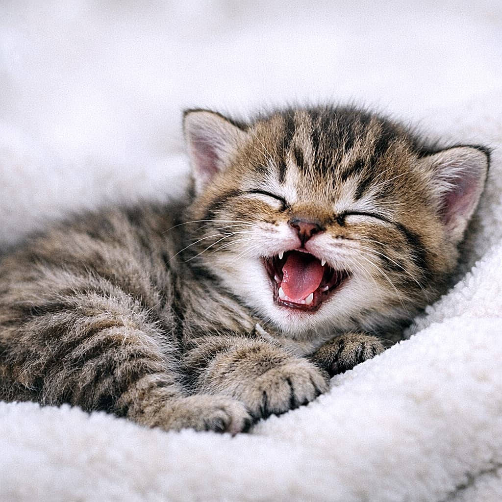 A close-up square photograph of a tabby kitten sleeping soundly, curled up on a soft, fluffy white blanket. The kitten is nestled into the blanket, and its mouth is wide open, clearly showing its tongue, as if letting out a loud cry or scream in a dream, while its eyes are closed with a contented expression. 柔らかくふかふかな白いブランケットの上で、丸まって安らかに寝ているキジトラ子猫のクローズアップ正方形写真。子猫はブランケットに寄り添い、目は閉じているが、満足げな表情で夢の中で大きな声を出している、あるいは叫んでいるように口を大きく開けており、舌が見える