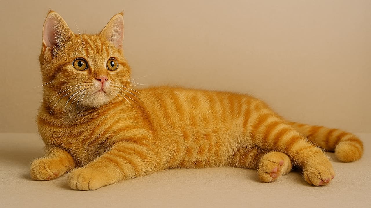 「綺麗なトラ柄ボディでリラックス〜🐈 くるんと丸まったしっぽと、何かを狙うような真剣なお顔のギャップに萌え✨」A ginger tabby kitten lying horizontally on a plain beige background, looking up and to the left. It has clear striped tabby markings, and its tail is visible, curled up near its back paws. 無地のベージュの背景で横たわり、左上を見上げる茶トラの子猫。全身が綺麗な縞模様になっており、後ろ足の近くにはくるんと丸まった尻尾が見えている