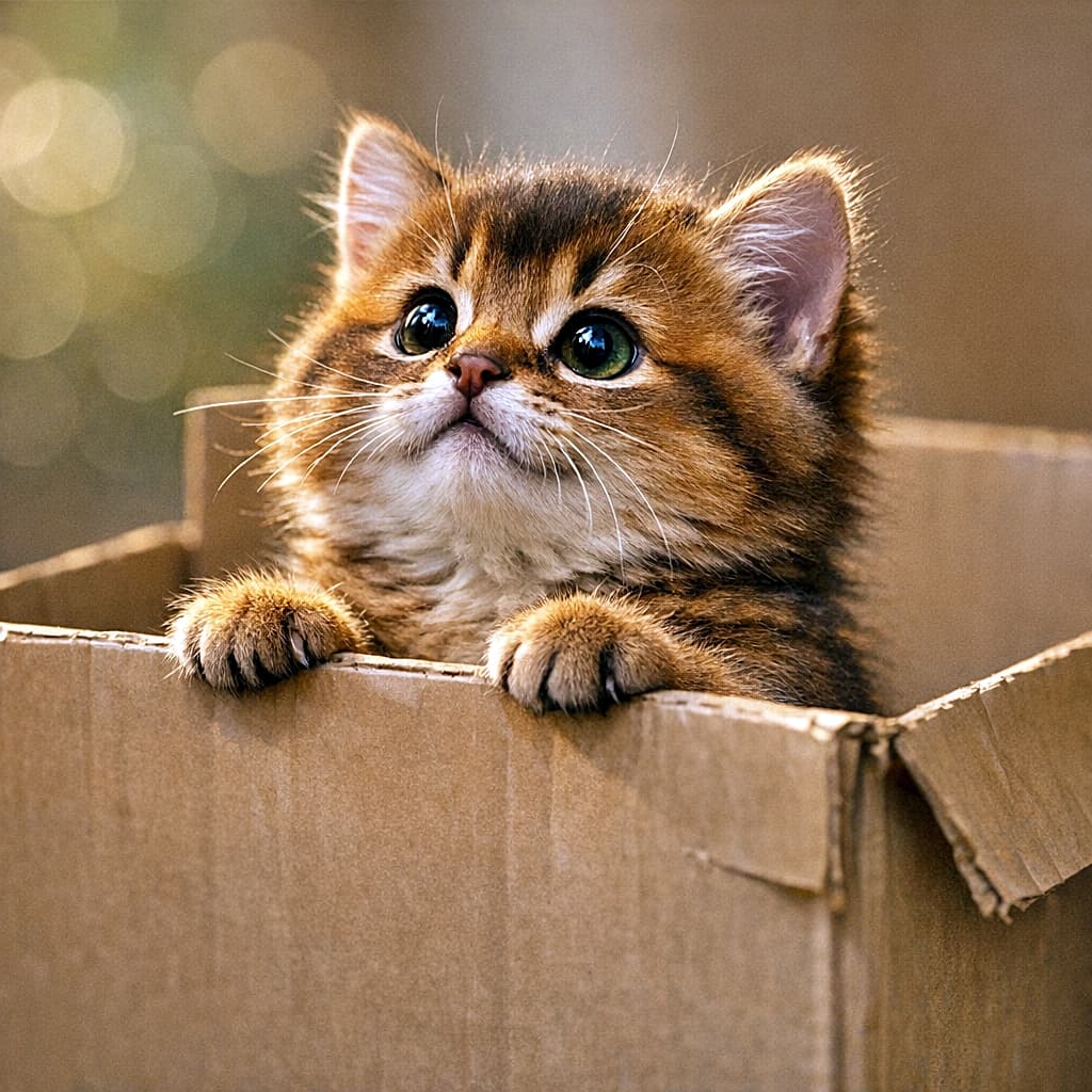 A close-up of a chubby Ruddy Somali kitten with fur glowing in golden backlighting, peeking out of a cardboard box. The kitten looks upward with large, dark eyes against a warm, shimmering bokeh background.　黄金色の逆光を受けて毛並みが輝く、ぽっちゃりしたルディ色のソマリの子猫のクローズアップ。キラキラしたボケを背景に、段ボール箱の縁に前足を乗せ、大きな瞳でじっと上を見上げている