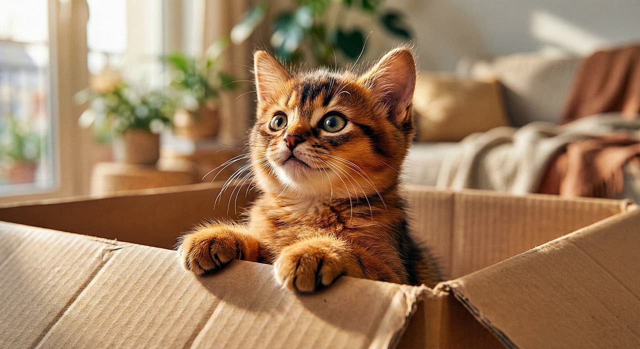 「箱からひょっこり！ルディ色の毛並みが輝くソマリちゃん。キラキラお目々で冒険の始まりだニャ！」A chubby Ruddy Somali kitten with wide, sparkling eyes peeks out of a cardboard box, looking upwards with a curious expression in a sunlit room with a bokeh background. 柔らかな朝の日差しの中で、ルディ色のぽっちゃりしたソマリの子猫が段ボール箱から顔を出し、好奇心に満ちたキラキラした瞳で上を見上げている