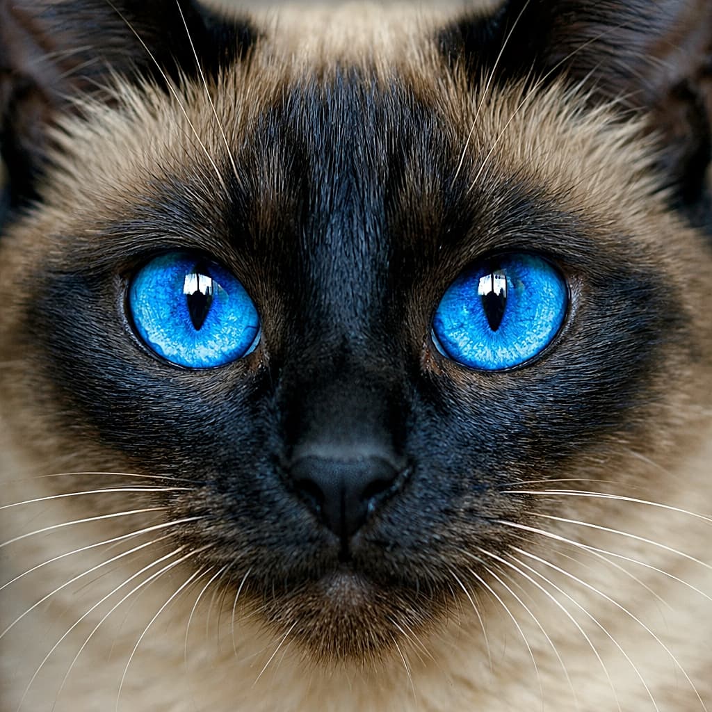 「見つめられたら動けない！宝石みたいに輝く、吸い込まれそうなサファイアブルーの瞳に釘付け」An extreme close-up photograph focusing intensely on the vibrant, clear sapphire-blue eyes of a Siamese cat, showing the detailed iris patterns against its dark points. シャム猫の顔の超クローズアップ写真。鮮やかで深く澄んだサファイアブルーの瞳が画面いっぱいに捉えられており、吸い込まれそうな視線を感じる