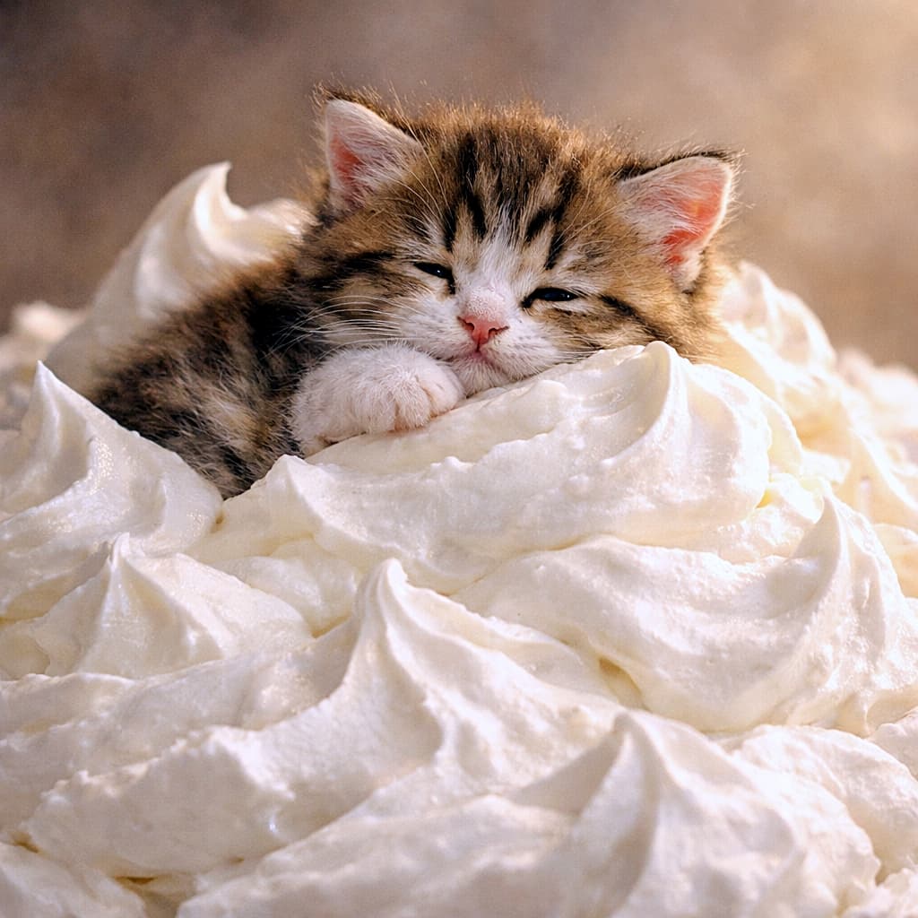 A photorealistic close-up square photograph of a fluffy tabby-and-white kitten resting heavily inside a giant mountain of whipped cream with high, soft peaks. The sleepy kitten has its head resting on its white paws with its eyes half-closed. Warm, soft lighting highlights the creamy texture and detailed fur. 高くそびえる柔らかいホイップクリームの山に深く埋もれて休む、ふわふわのキジ白子猫のリアルなクローズアップ写真。眠たそうな子猫は白い前足の上に顎を乗せ、目を半分閉じている。温かく柔らかな光が、クリームの質感と繊細な毛並みを際立たせている