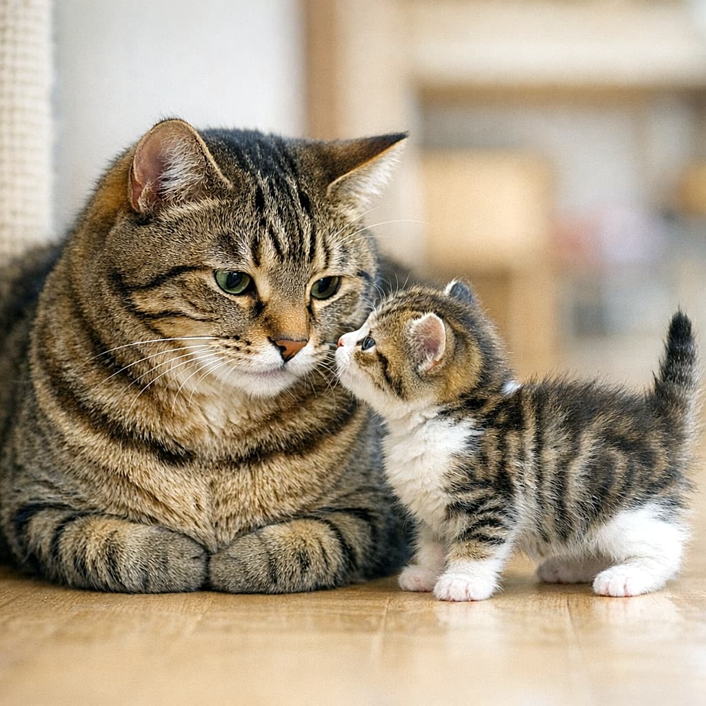 A large tabby cat in a loaf position on a wooden floor, looking down tenderly at a small, approx. 2-month-old tabby kitten standing in front of it. The kitten is looking up, and their noses are almost touching as if greeting each other. フローリングの上で香箱座りをしている大きなキジトラ成猫が、目の前に立って見上げている生後2ヶ月ほどの小さなキジトラ子猫を優しく見下ろしている。鼻と鼻が触れそうな距離で挨拶を交わしている瞬間