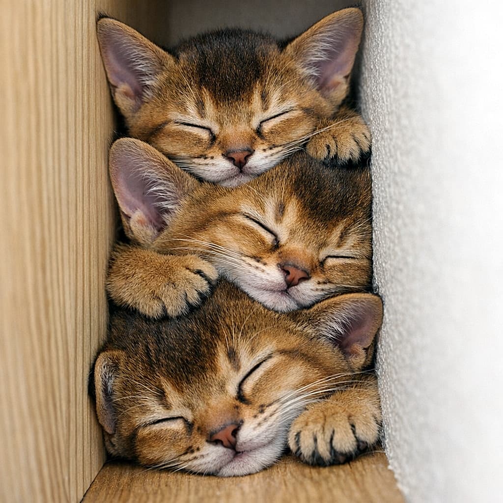 「真ん中の子、挟まれてお顔がむぎゅってなってる！(笑) 狭い場所での愛おしい寝顔たち🥰」A vertical photo of three Abyssinian kittens sleeping stacked in a narrow gap. The middle kitten appears slightly squashed between the top and bottom kittens, with its face pressed tight. 狭い隙間に積み重なって眠る3匹のアビシニアン子猫の縦長写真。真ん中の子猫は上下の子猫に挟まれて顔が少し潰れているように見える寝顔
