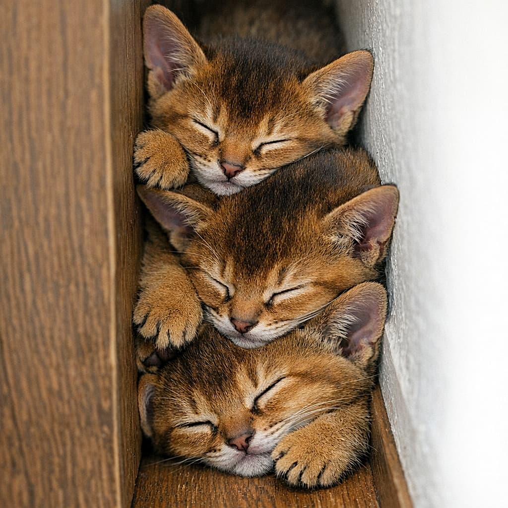 「狭いところが落ち着くの🐾 3匹ぴったりくっついて、夢の中でも仲良しこよし💤」A vertical photograph of three Abyssinian kittens sleeping snuggly stacked in a narrow gap between a wall and a wooden board. The bottom kitten has one paw extending slightly forward. 壁と木の板の間の狭い隙間に、3匹のアビシニアン子猫が縦に重なって心地よさそうに眠っている縦長の写真。一番下の子猫が前足を少しだけ前に出している