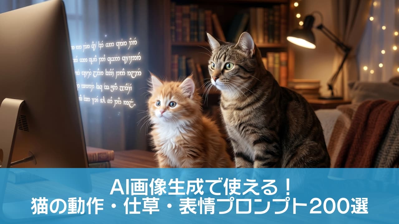 「「にゃ、にゃんだこの光る文字は…！？🐾✨」 魔法のパソコン画面にすっかり釘付けな2匹の姿が可愛すぎる！おとぎ話の世界に迷い込んだような不思議な夜のひととき🌙💻 #猫のいる暮らし #魔法 #キジトラ #子猫」Ultra-realistic high-quality widescreen photograph of an adult tabby cat and a fluffy orange and white kitten sitting together on a wooden desk. They are looking curiously at a computer screen that has magical glowing words floating around it. The background is a cozy room with bookshelves and warm cinematic lighting. 暖かい間接照明に包まれた居心地の良い部屋で、木製のデスクに並んで座るキジトラの成猫と茶白のふわふわな子猫。2匹は、魔法のような光る文字が空中に浮かび上がっているパソコンのモニターを不思議そうに見つめている。映画のような美しい光と質感が特徴的な、横長の高画質写真
