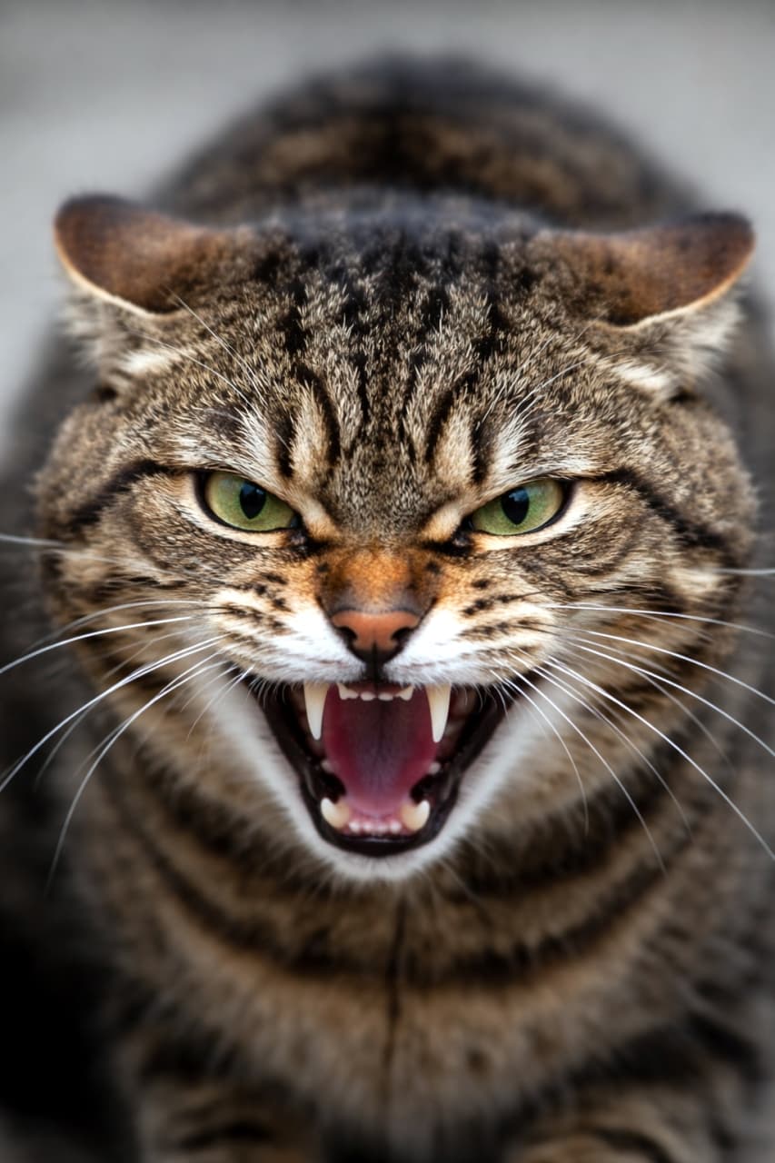 「シャーッ！🙀野生のスイッチON！？迫力満点のワイルドな表情もまた可愛いんです🐾怒ってても愛おしい！ #怒る猫 #猫のいる生活」Ultra-realistic high-quality photograph of an aggressive tabby cat hissing and showing teeth. Frontal close-up capturing sharp green eyes and fierce expression. イカ耳になり、牙を剥き出しにして激しく威嚇するキジトラ猫の正面クローズアップ。鋭い緑色の瞳と迫力のある表情を捉えた超高画質な写真