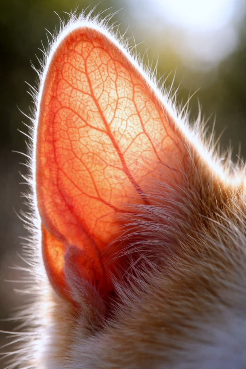 「お日様の光で透けたお耳が神秘的…🐈☀️血管まで見えるリアルさがたまりません！生命力を感じる1枚✨ #猫のいる暮らし」Ultra-realistic high-quality photograph of a cat's ear illuminated by sunlight, revealing detailed veins. Close-up shot with golden fur and soft bokeh background. 太陽の光を透かして血管の模様がくっきりと浮かび上がる、猫の耳の超高画質なクローズアップ写真。黄金色の毛並みと柔らかな背景のボケが美しい一枚