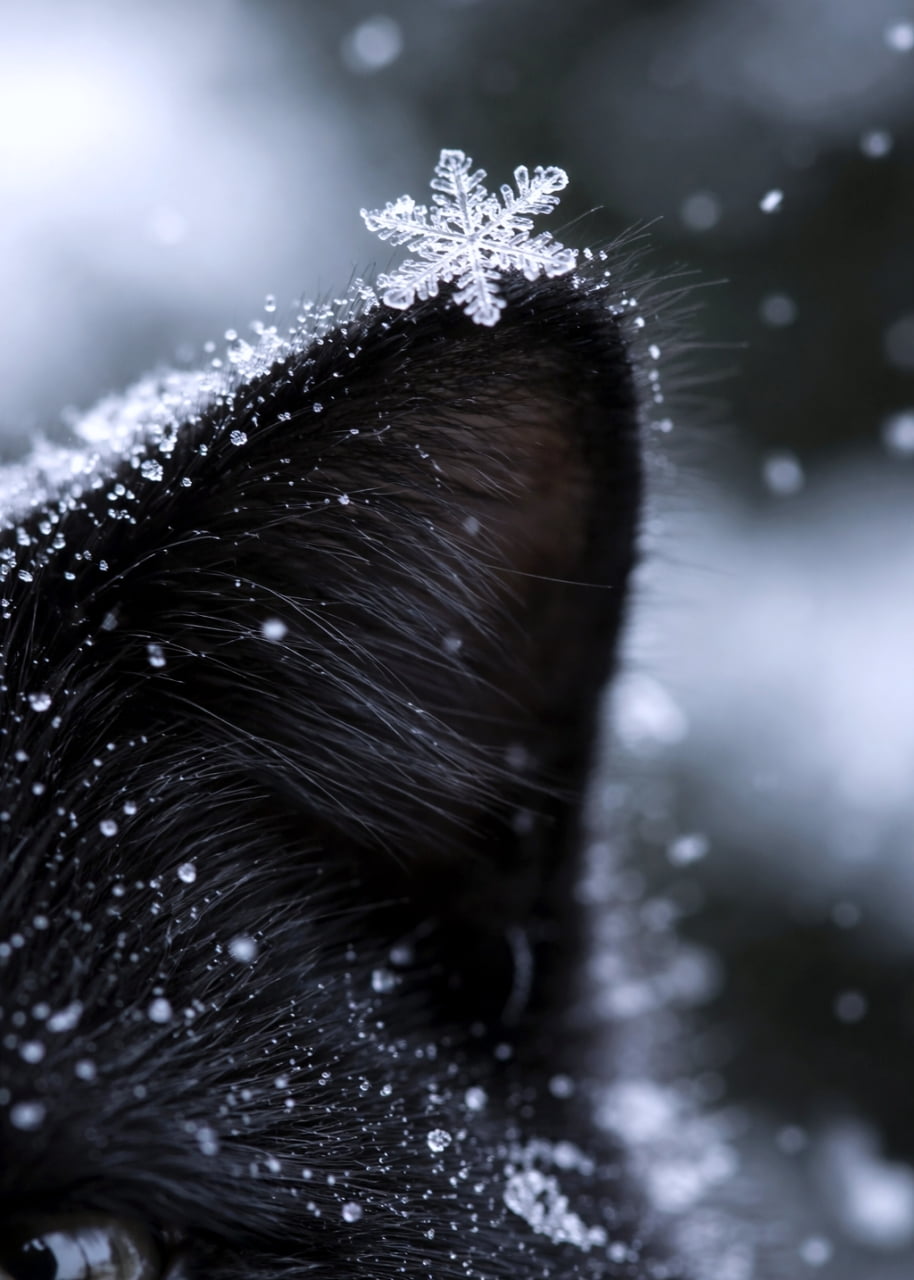 「黒猫ちゃんの耳に雪の華が…❄️ 冬の寒さの中に見つけた、奇跡みたいな一瞬の美しさ🐈‍⬛✨ #黒猫 #雪の結晶」Ultra-realistic high-quality photograph of a perfect snowflake landing on a black cat's ear, macro shot with winter wonderland background. 黒猫の耳の先端に完璧な形の雪の結晶が乗っている、幻想的なマクロ写真。舞い散る雪と黒い毛並みのコントラストが美しい高画質画像