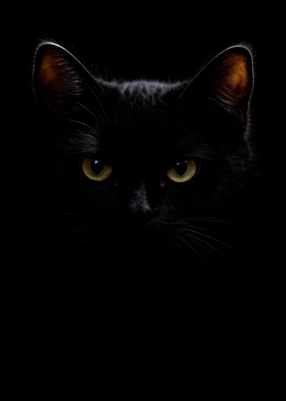 「暗闇の中から見つめるエメラルドの瞳🐈‍⬛✨神秘的でクールな黒猫の魅力がたっぷり！吸い込まれそうです🌌 #黒猫 #にゃんすたぐらむ」Ultra-realistic high-quality photograph of a black cat against a pitch-black background. Only the glowing green eyes and subtle fur highlights are visible, creating a mysterious atmosphere. 漆黒の背景に溶け込む黒猫。輪郭のハイライトと、暗闇の中で鋭く輝く緑色の瞳だけが浮かび上がる、神秘的で超高画質なポートレート写真