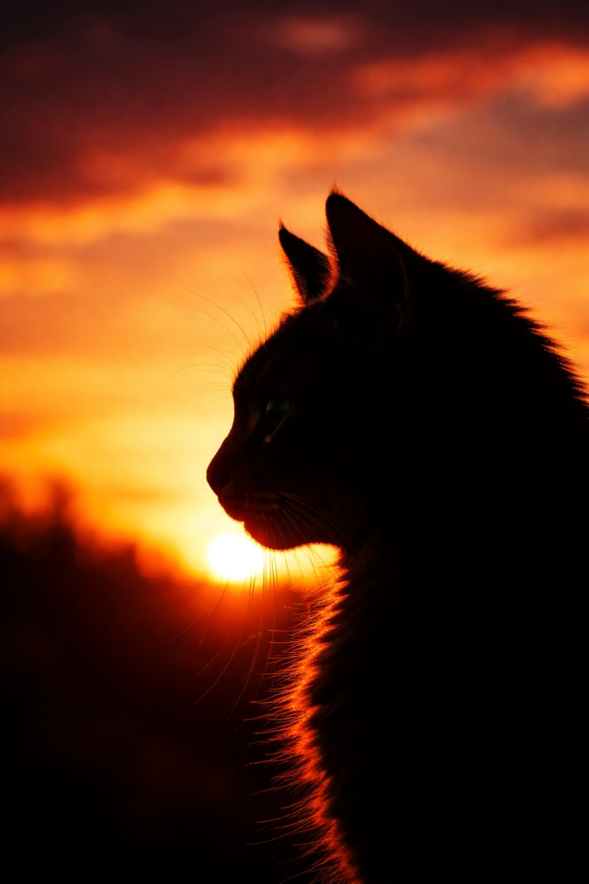 「エモーショナルな夕暮れ時と猫のシルエット🌆✨ ずっと見ていたくなる美しい横顔にうっとり🐈❤️ #夕焼け #エモい写真」Ultra-realistic high-quality photograph of a beautiful cat profile silhouette against a blazing orange sunset sky, with the outline of its fur glowing in the light. 燃えるような美しいオレンジ色の夕焼け空を背景にした、猫の横顔のシルエットの高画質写真。輪郭の毛が夕日に照らされて黄金色に輝いている