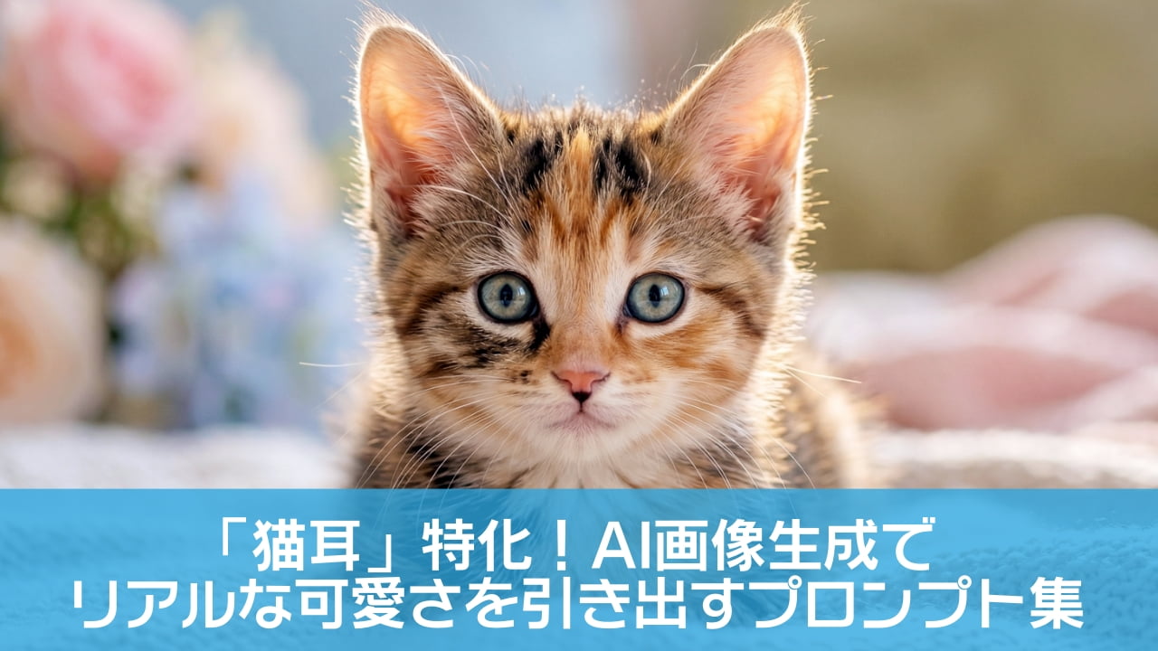 「朝日に透ける耳がとっても可愛い！🐈☀️ まっすぐ見つめられたら、もう離れられません💕 #猫 #子猫 #癒やし #ふわふわ」A hyper-realistic, highly detailed portrait of a cute, fluffy tabby kitten lying on a white knitted blanket in a cozy, warm, and inviting setting. The background features clean, blurred soft pastel-colored flowers (roses, hydrangeas) and pink blankets, creating a gentle atmosphere. The incredibly sharp focus is on its large, perfectly triangular ears, which are illuminated from behind by soft, warm morning sunlight, highlighting the delicate hairs. The kitten is looking directly at the camera with big, curious blue-green eyes. Cinematic lighting, 8k resolution, 16:9 aspect ratio. 清潔で柔らかいパステルカラーの花（ピンクのバラ、青いアジサイ）と毛布の背景の前に、白いニットの毛布の上に横たわる、非常にリアルで詳細な子猫の正面ポートレート。子猫は大きな青緑色の瞳でカメラをまっすぐ見つめている。焦点は大きく完璧な三角形の耳にあり、背後からの柔らかな朝日の光が耳の繊細な毛を美しく輝かせている。シネマティックなライティング。16:9のアスペクト比