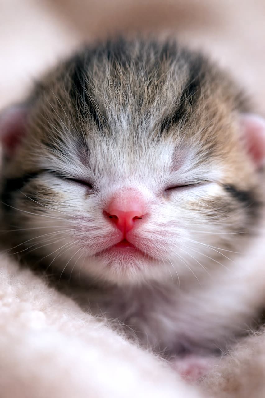「スヤスヤ夢の中…☁️ ピンクのお鼻とお口がたまらない、まさに天使の寝顔ですね👼💤 #赤ちゃん猫 #寝顔」Ultra-realistic high-quality photograph of a newborn kitten sleeping peacefully, extreme close-up of face with pink nose. ふわふわの毛布の上で目を閉じて眠る、非常に小さな赤ちゃん子猫の顔のクローズアップ写真。ピンク色の鼻と口元が愛らしい高画質画像