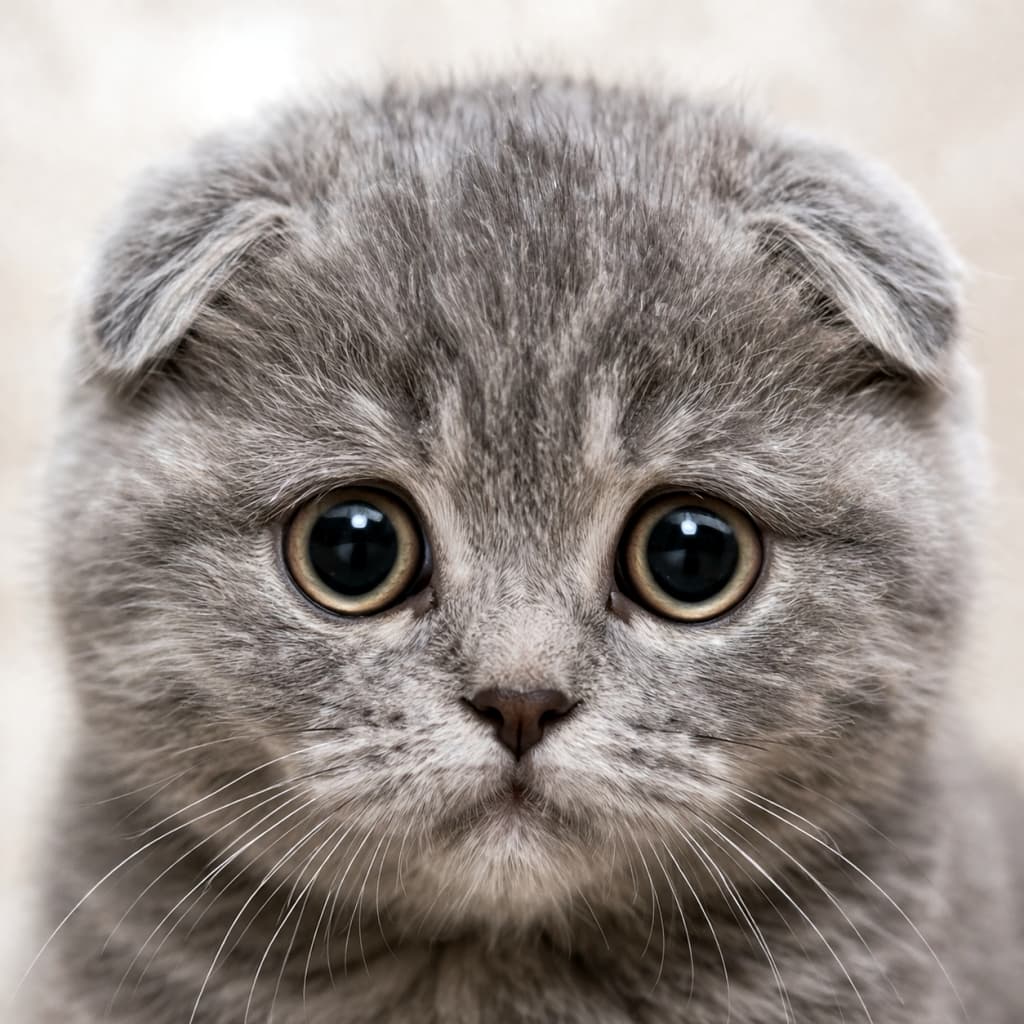 「なになに〜？って聞こえてきそうなお顔が反則級の可愛さ…🥰🐾 #猫のいる暮らし #子猫部」Ultra-realistic high-quality photograph of a grey Scottish Fold kitten with a blank, cute expression staring forward, highlighted by soft lighting that emphasizes its fluffy fur and folded ears. キョトンとした表情で正面を見つめるグレーのスコティッシュフォールドの子猫の高画質写真。柔らかい光が当たり、ふわふわとした毛並みと折れ耳の愛らしさが引き立っています