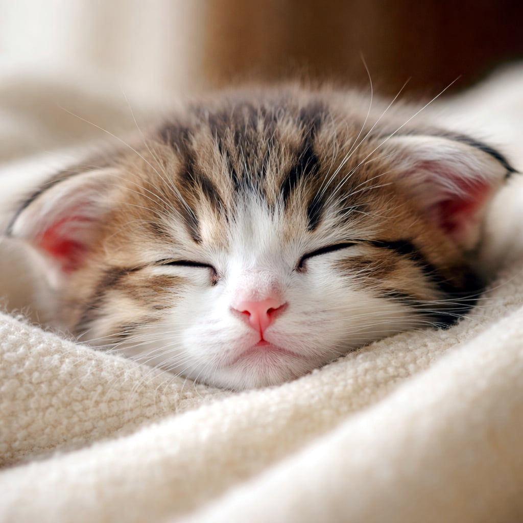 「天使の寝顔をおすそ分け👼💤 どんな楽しい夢を見ているのかな？💭💖 #お昼寝猫 #癒し」Ultra-realistic high-quality photograph of a tabby and white kitten sleeping peacefully on a soft blanket, featuring an adorable pink nose and a relaxed, calming atmosphere. 柔らかい毛布の上で目を閉じて心地よさそうに眠っている、キジ白の子猫の高画質写真。ピンクの鼻と口元が愛らしく、穏やかでリラックスした雰囲気が伝わります