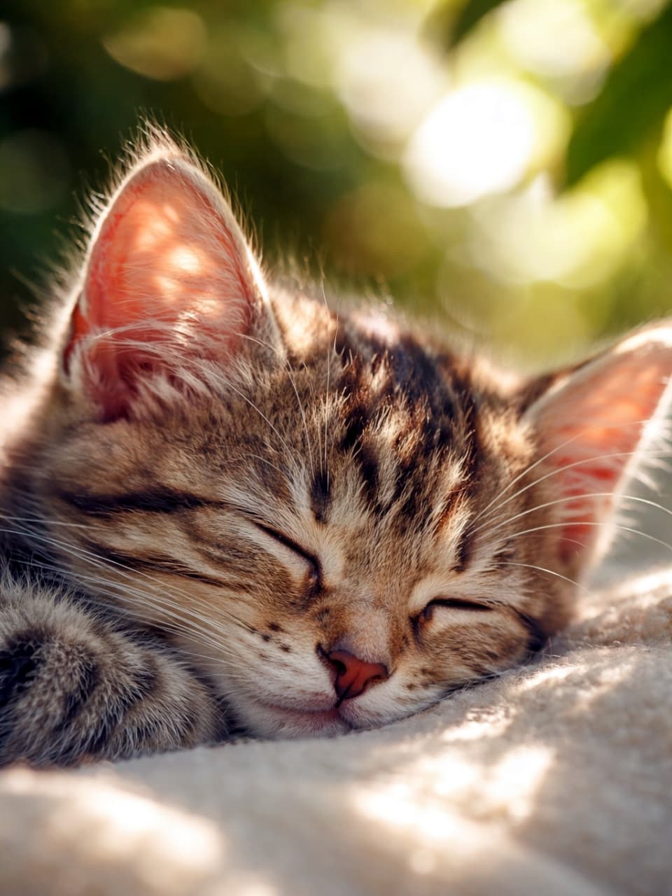 「ぽかぽか陽気でお昼寝中…☀️💤 見ているだけで癒される天使の寝顔をおすそ分け🐈✨ #猫のいる暮らし #子猫」Ultra-realistic high-quality photograph of a sleeping tabby kitten on a soft blanket in warm sunlight, with light shining beautifully through its fur and whiskers. 暖かな陽射しを浴びて毛布の上で気持ちよさそうに眠るキジトラの子猫の高画質写真。毛並みやひげが光に透けているリアルな描写