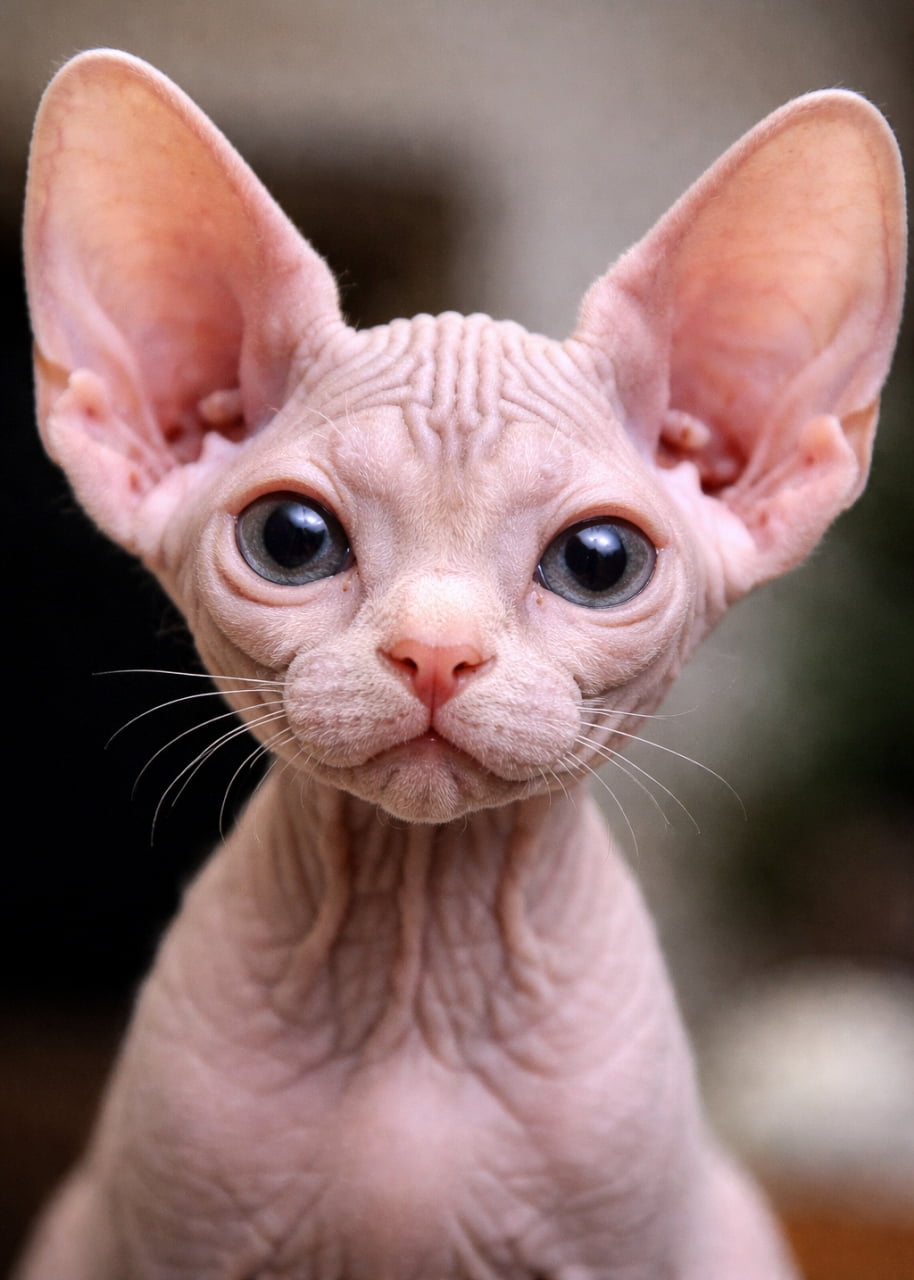 「妖精みたいなスフィンクスの子猫ちゃん🧚‍♀️✨ 大きなお耳としわしわのお顔、吸い込まれそうな瞳に夢中！🐈💎 #スフィンクス #珍しい」Ultra-realistic high-quality photograph of a close-up frontal portrait of a Sphynx kitten, featuring large ears, beautifully wrinkled skin, and striking marble-like eyes. 大きな耳とシワのある皮膚が特徴的なスフィンクスの子猫の顔の正面クローズアップ高画質写真。ビー玉のような美しい瞳が印象的