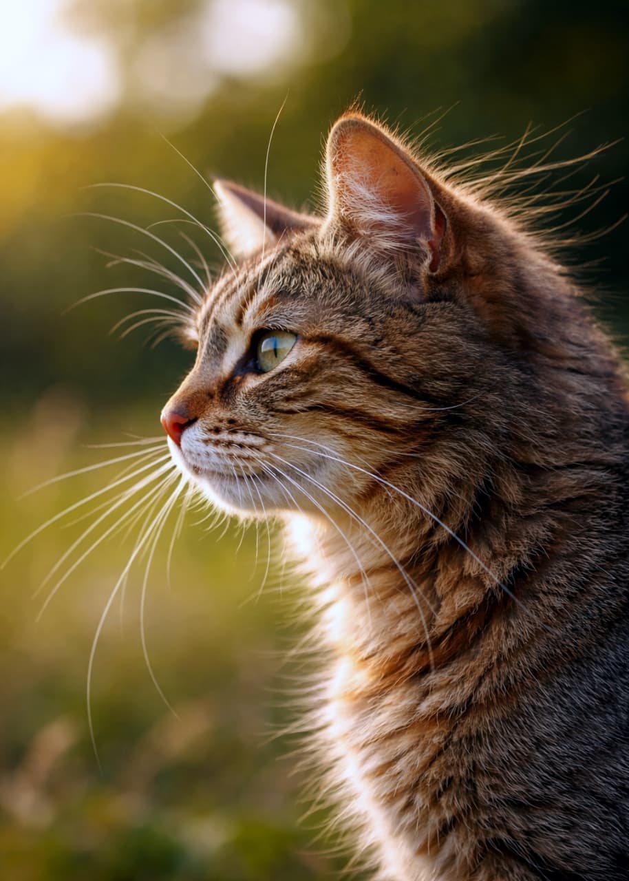「夕日に照らされる横顔がイケメンすぎるキジトラさん🐈✨黄昏時のエモい雰囲気に思わずうっとりしちゃいます！ #キジトラ #夕焼け猫」Ultra-realistic high-quality photograph of a tabby cat's profile illuminated by golden hour sunset light. Detailed fur and glowing whiskers in a natural outdoor setting. 夕暮れ時の黄金色の光（ゴールデンアワー）に照らされたキジトラ猫の横顔。美しい毛並みと長いヒゲが光に透け、自然の中で遠くを見つめる超高画質な写真