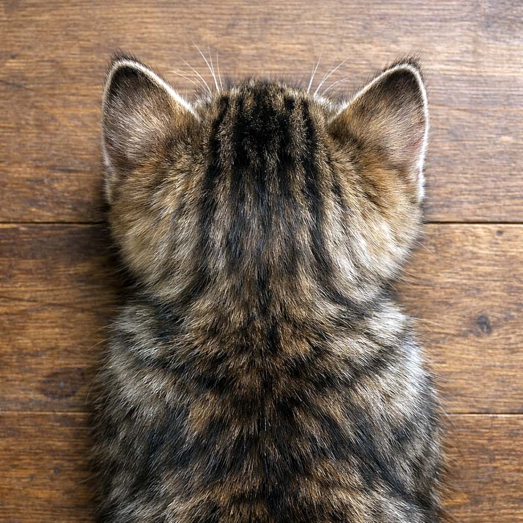 「まぁるい後頭部が愛おしい…！真上からのアングルってなんだか新鮮で可愛いですよね✨ #猫の後頭部 #キジトラ」Ultra-realistic high-quality photograph of a tabby kitten's back of the head, direct overhead shot sitting on a wooden floor. 木目の美しい床に座るキジトラ子猫を真上から撮影した俯瞰写真。猫の後頭部と耳の模様がくっきり見える高画質画像