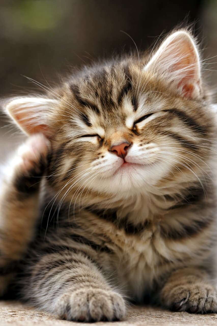 「カキカキ…気持ちいいニャ〜🐈🐾 目をつぶった無防備な表情が愛おしすぎる😆💕 #猫好きさんと繋がりたい #子猫のいる生活」Ultra-realistic high-quality photograph of a tabby kitten happily scratching its ear with its hind leg, featuring fluffy fur and an endearing, unguarded expression. 目をギュッと細めて、気持ちよさそうに後ろ足で耳を掻いているキジトラ子猫の高画質写真。ふわふわの毛並みと愛嬌のある無防備な表情