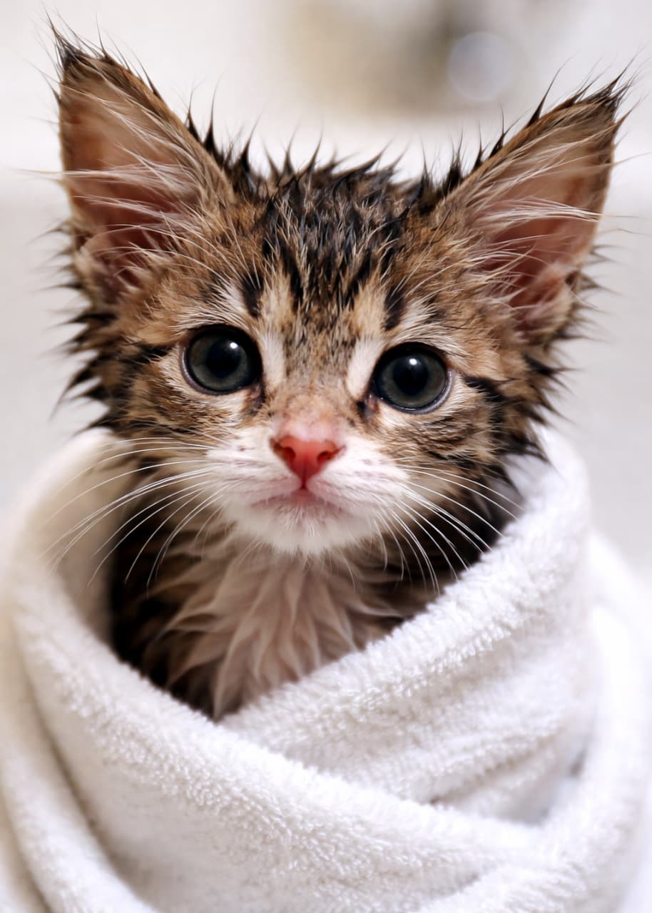 「お風呂頑張ったよ！🛁 濡れた毛とウルウルの瞳で見つめられたらキュンとしちゃう🥺💖 #お風呂上がり #子猫」Ultra-realistic high-quality photograph of a cute wet kitten wrapped in a white towel, looking directly at the camera. 真っ白なタオルにくるまり、毛が濡れた状態の子猫の正面アップ写真。大きな瞳でこちらを見つめる、リアリティのある高画質画像