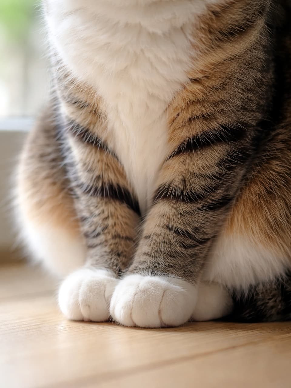 「お行儀よく揃えたクリームパンみたいなお手々が可愛すぎる…🥐🐈✨ #猫の足 #猫部」Ultra-realistic high-quality close-up photograph of a cat's paws neatly placed together indoors, featuring white tips and beautiful tabby fur. 室内でちょこんと揃えられた猫の足元のクローズアップ。白くて丸い足先と美しいトラ柄の毛並みを捉えた超高画質な写真