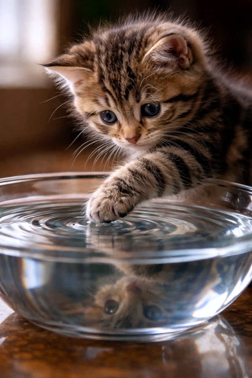 「ちょんっ💧 初めてのお水に興味津々？水面に映るお顔も可愛すぎる奇跡の一枚📸✨ #好奇心旺盛 #子猫のいる生活」Ultra-realistic high-quality photograph of a curious kitten gently touching the water surface in a glass bowl, creating ripples, with its face beautifully reflected in the water. 透明なガラスボウルに張られた水面に前足の先をそっと触れ、綺麗な波紋を作っている子猫。水面には子猫の顔が反射して映り込んでおり、光の反射が美しいドラマチックで高画質な写真