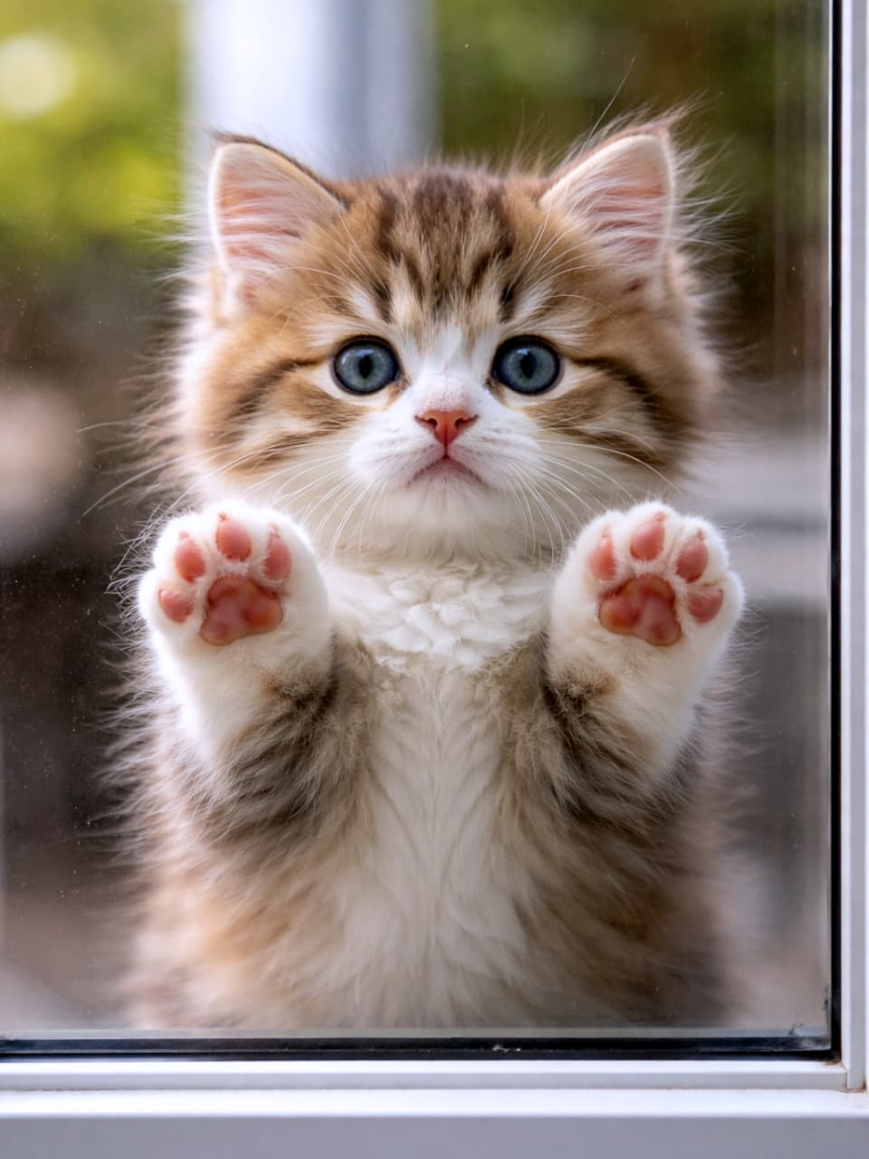 「むぎゅっ🐾 ガラスに押し当てたピンクの肉球がたまらない😍 開けてあげたくなっちゃう！🪟✨ #肉球 #猫好きさんと繋がりたい」Ultra-realistic high-quality photograph of a cute fluffy kitten pressing its pink paws against a glass window, looking directly forward with a blurred green background. 窓ガラスに両前足を押し当てて、外を覗き込むようにこちらを見ている長毛の子猫。ピンク色の可愛らしい肉球がはっきりと見え、背景の緑がぼけて美しいコントラストを生んでいる高画質な写真