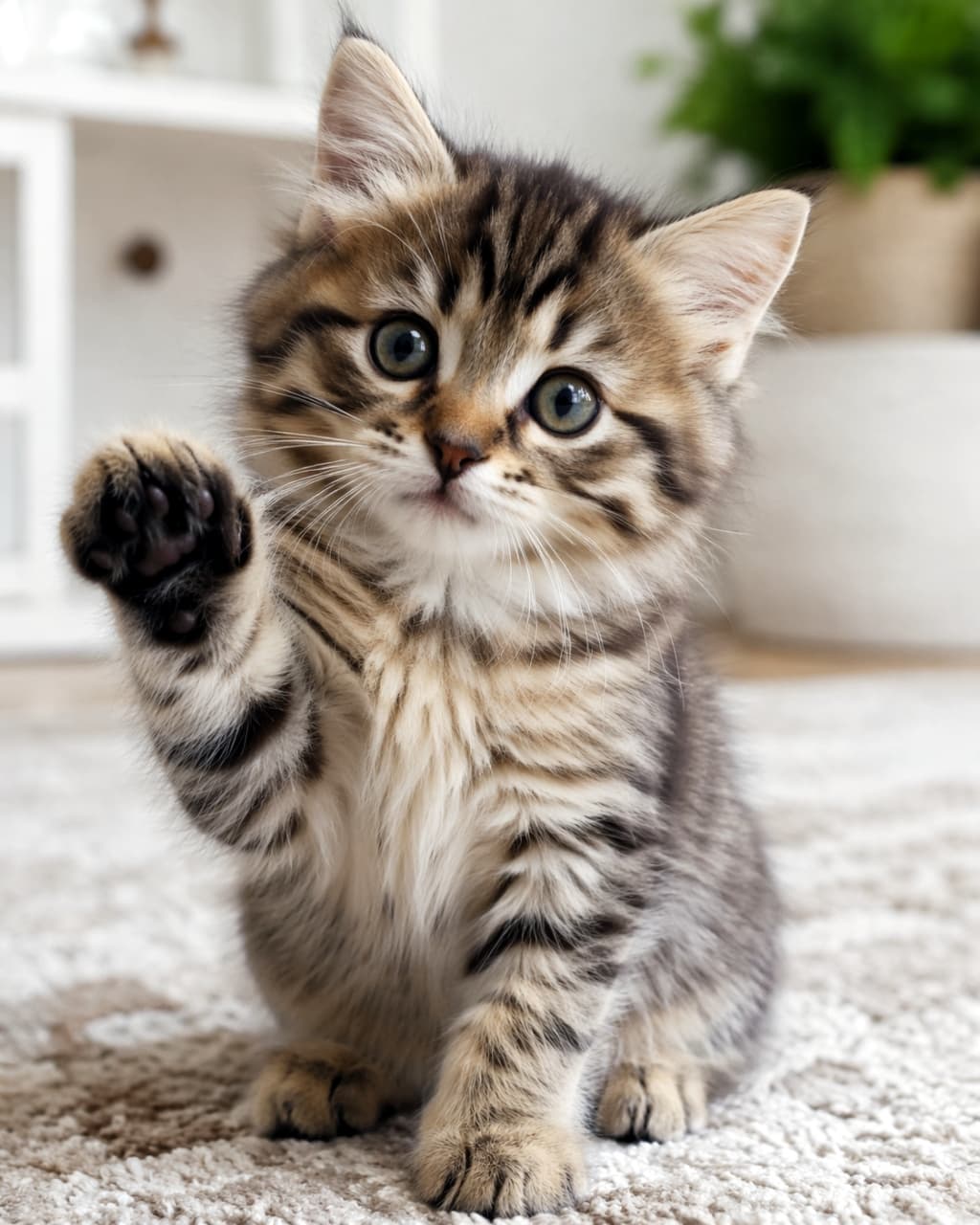 「カメラに向かってハイタッチ！？🐾 元気いっぱいでモフモフな子猫ちゃんに癒されること間違いなし💖」Ultra-realistic high-quality photograph of a fluffy tabby kitten sitting on a light-colored rug indoors, reaching out its right front paw towards the camera in a high-five pose. Blurred white furniture and a potted plant in the background. 明るい室内のラグの上に座り、カメラに向かって右前足を伸ばしてハイタッチするようなポーズをとる、ふわふわのキジトラ子猫の高画質写真。背景には白い家具と観葉植物がぼかして配置されている