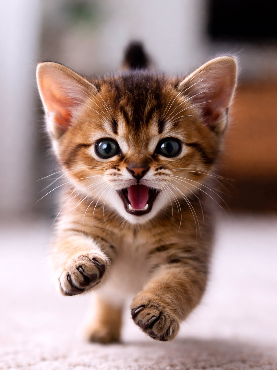 「「あそぼー！」って声が聞こえてきそう😆元気いっぱいの子猫ちゃんのジャンプに、今日一日分のパワーをもらえますね🔥🐾」Ultra-realistic high-quality photograph of an adorable energetic Abyssinian kitten with its mouth open, jumping and running directly toward the camera indoors. 室内でカメラに向かって元気よくジャンプしながら駆け寄ってくる、口を大きく開けた愛らしいアビシニアンの子猫の高画質な写真