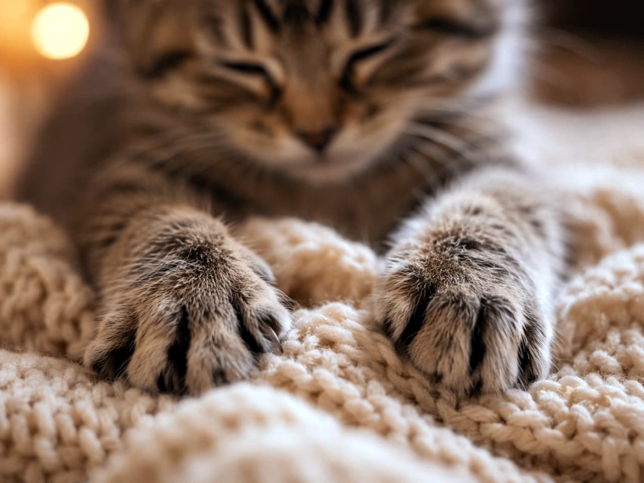 「幸せの「ふみふみ」タイム開始🐾💕 ニットを揉み揉みする愛おしいおててに、心までポカポカ温まる…☕️✨」Ultra-realistic high-quality photograph, a close-up of a kitten's front paws kneading a soft, beige knitted blanket. The kitten's head and shoulders are softly out of focus in the background, set in cozy, warm lighting that creates a comfortable atmosphere. 柔らかいベージュのニットブランケットを「ふみふみ」と揉んでいる子猫の前足のアップ。背景には子猫の頭と肩が柔らかくボケて写っており、暖かく心地よい光が全体を包み込んでいる、非常にリアルで高品質な写真