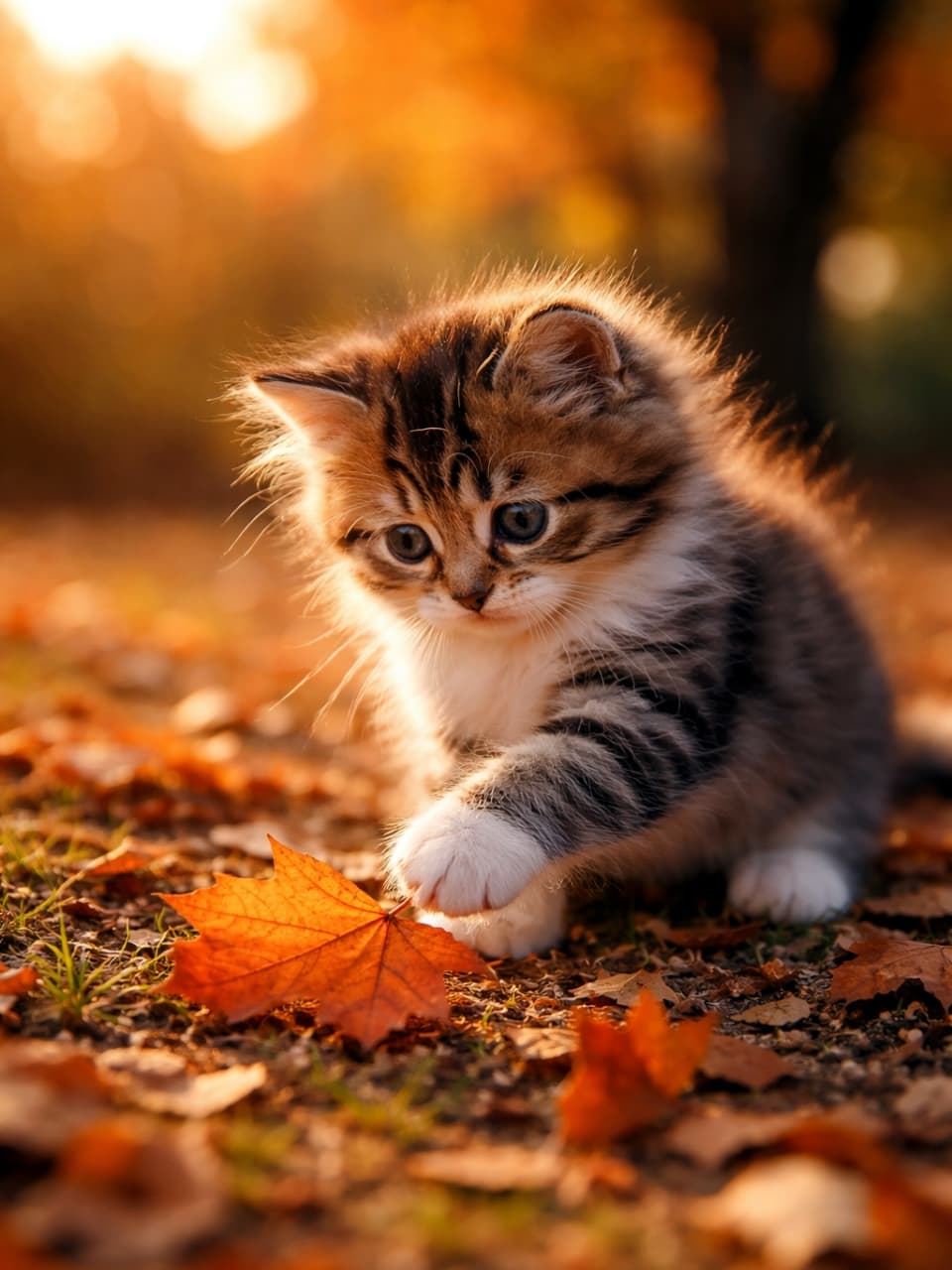 「落ち葉に興味津々🍁夕日に照らされたモフモフの毛並みがとっても幻想的で美しい一枚です🌇🐈」Ultra-realistic high-quality photograph of a cute kitten touching a red maple leaf on the ground illuminated by magical autumn sunset lighting. 秋の夕暮れ時、黄金色の光に包まれながら地面に落ちた大きな赤い紅葉に前足を乗せて遊ぶ子猫の幻想的な写真