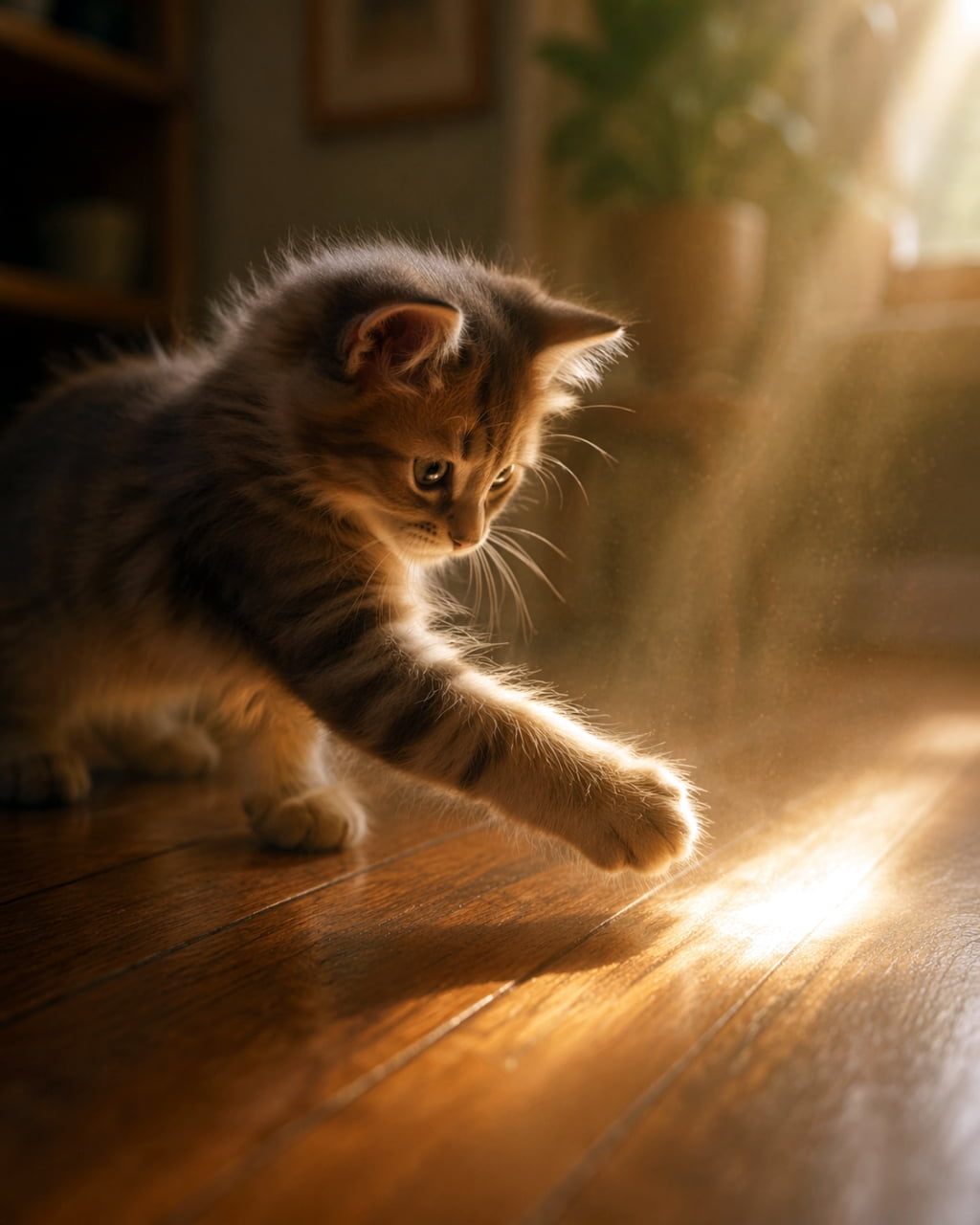 「きらきら光るこれ、なんだろう？🐾✨ 光と影のコントラストがエモすぎる瞬間をパシャリ📸」Ultra-realistic high-quality photograph of a tabby kitten reaching its paw out to touch a dramatic ray of sunlight shining on a wooden floor. フローリングの床に差し込むドラマチックな夕日（または朝日）に前足を伸ばし、光に触れようとしているキジトラ子猫